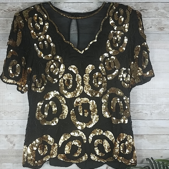 Laurence Kazar Tops - Lawrence Kazar, Black and Gold Sequined top, Sz L